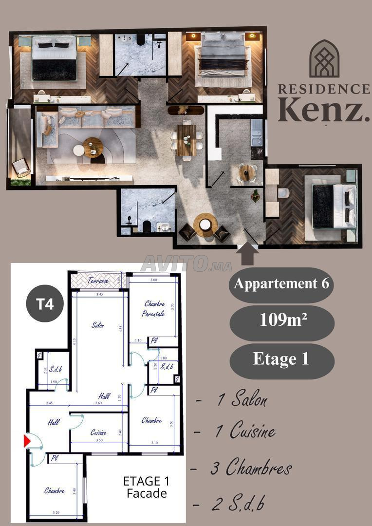 Appartement à vendre 109m² Residence Kenz. Kénitra