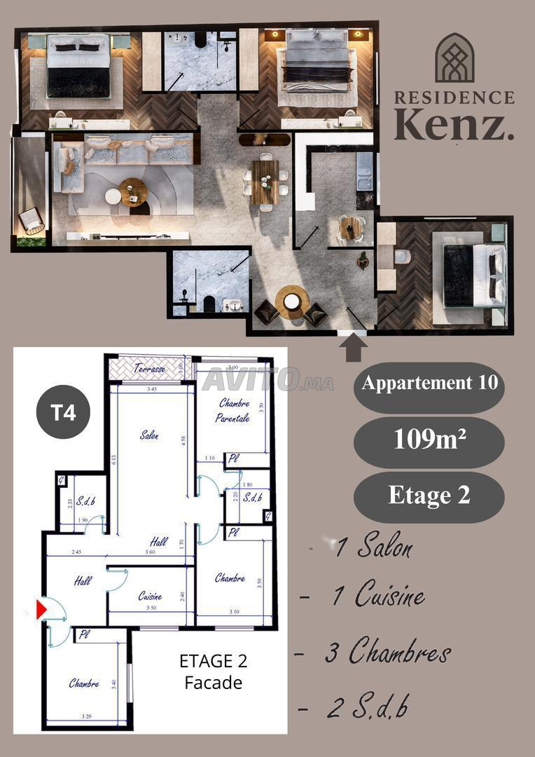 Appartement à vendre 109m² Résidence Kenz. Kénitra