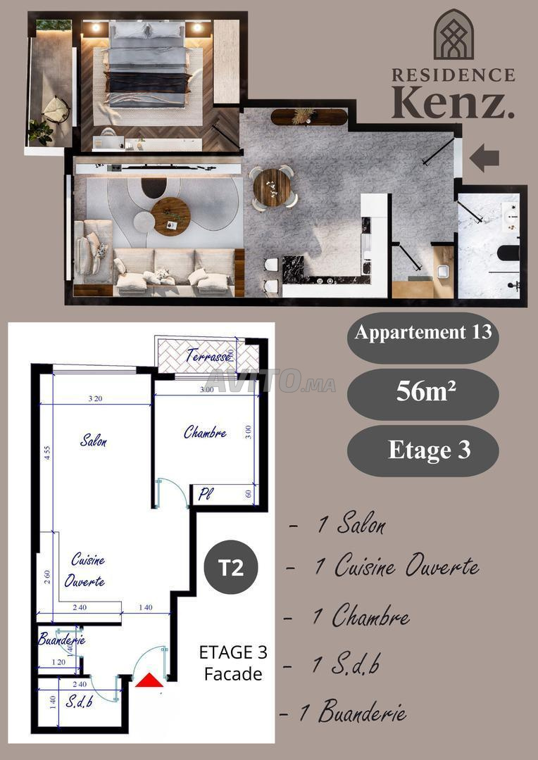 Appartement à vendre 56 m² Residence Kenz. Kénitra