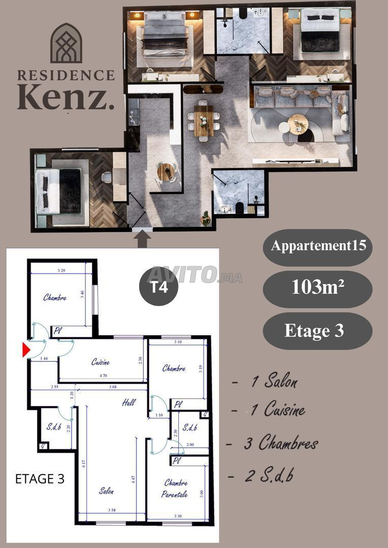 Appartement à vendre 103m² Residence Kenz. Kénitra