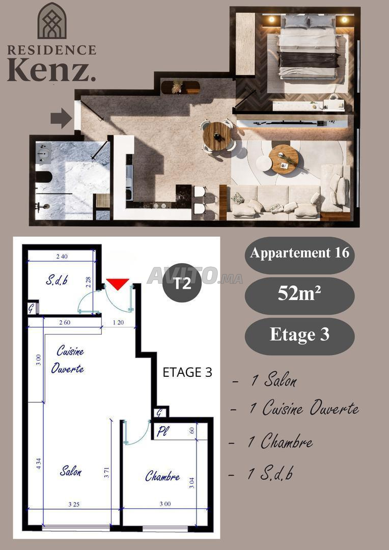Appartement à vendre 52 m² à Kénitra