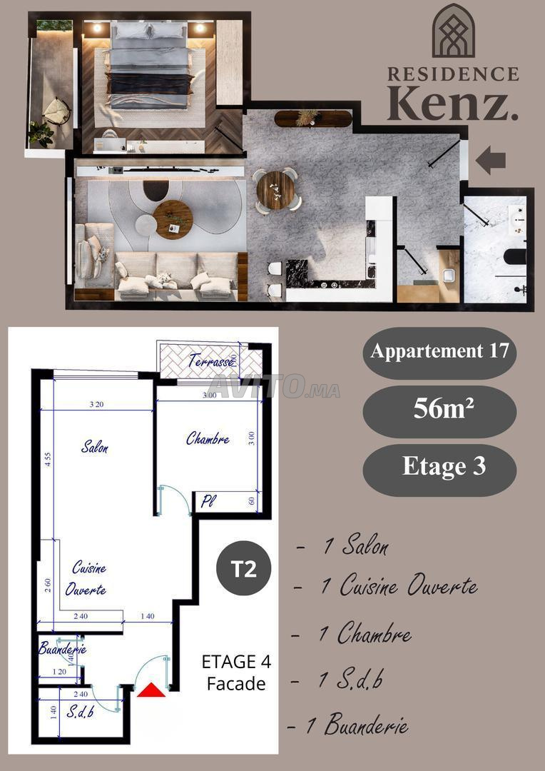 Appartement à vendre 56 m² Résidence Kenz. Kénitra