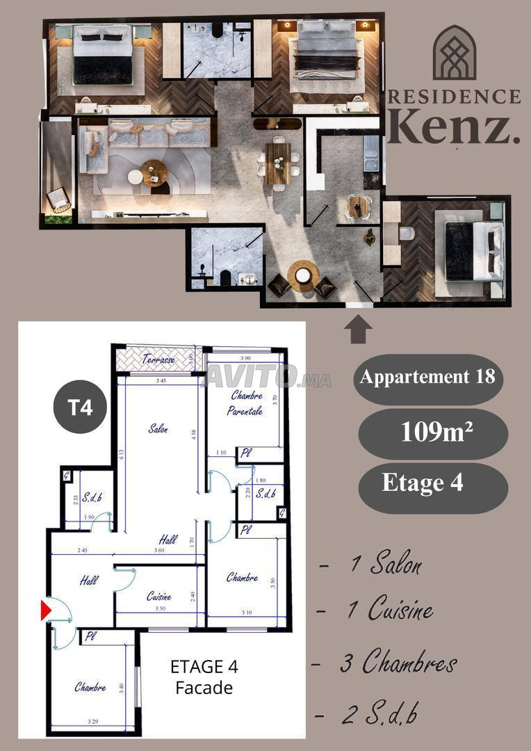 Appartement à vendre 109m² Résidence Kenz. Kénitra