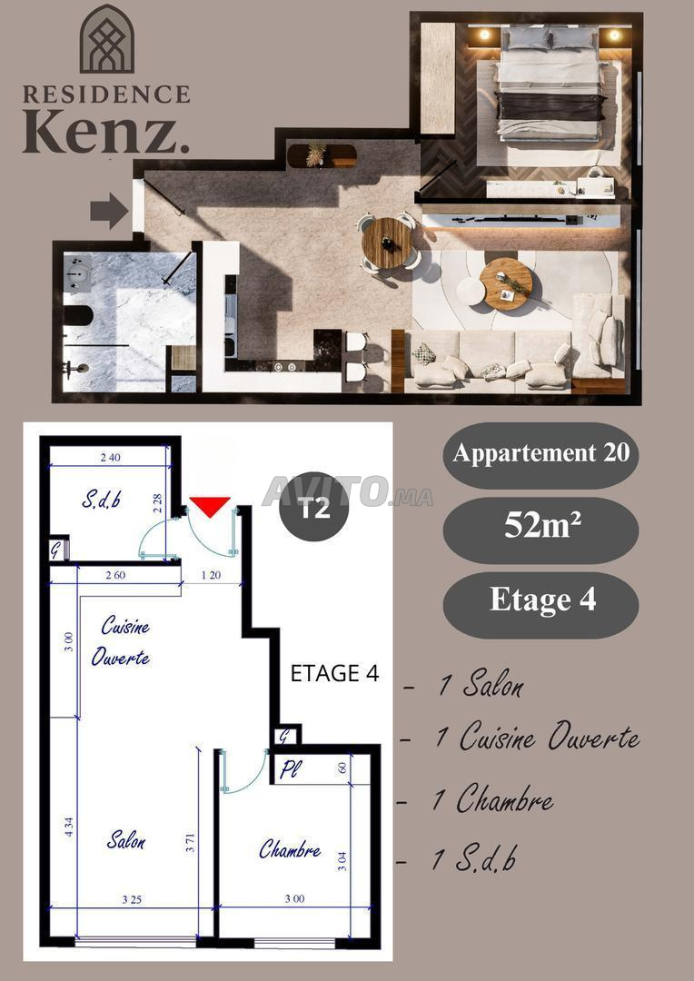 Appartement à vendre 52 m² Résidence Kenz. Kénitra