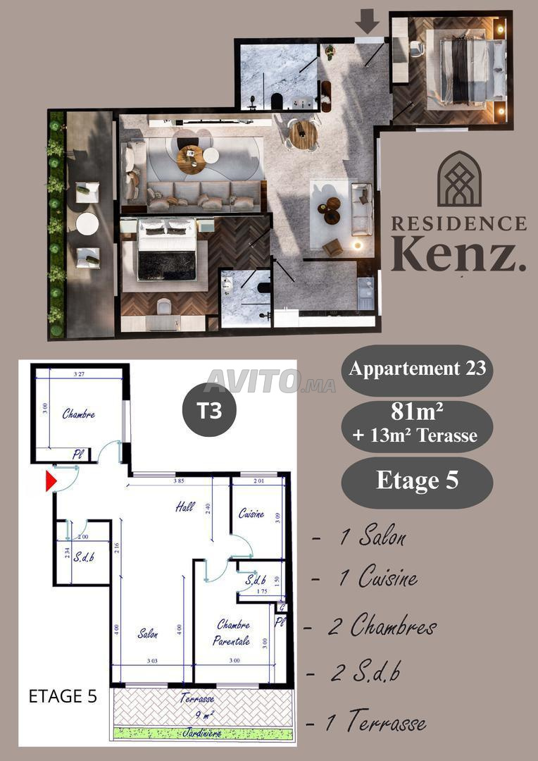 Appartement à vendre 94m² Résidence Kenz. Kénitra