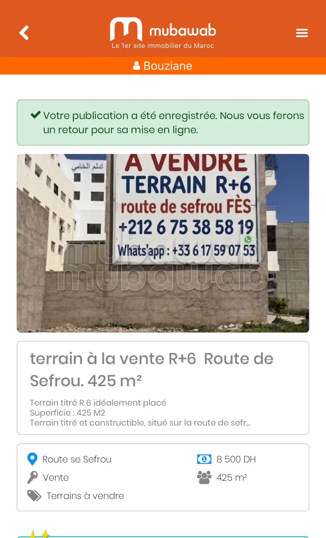 Vente terrain R6 Route de Sefrou. 425 m²